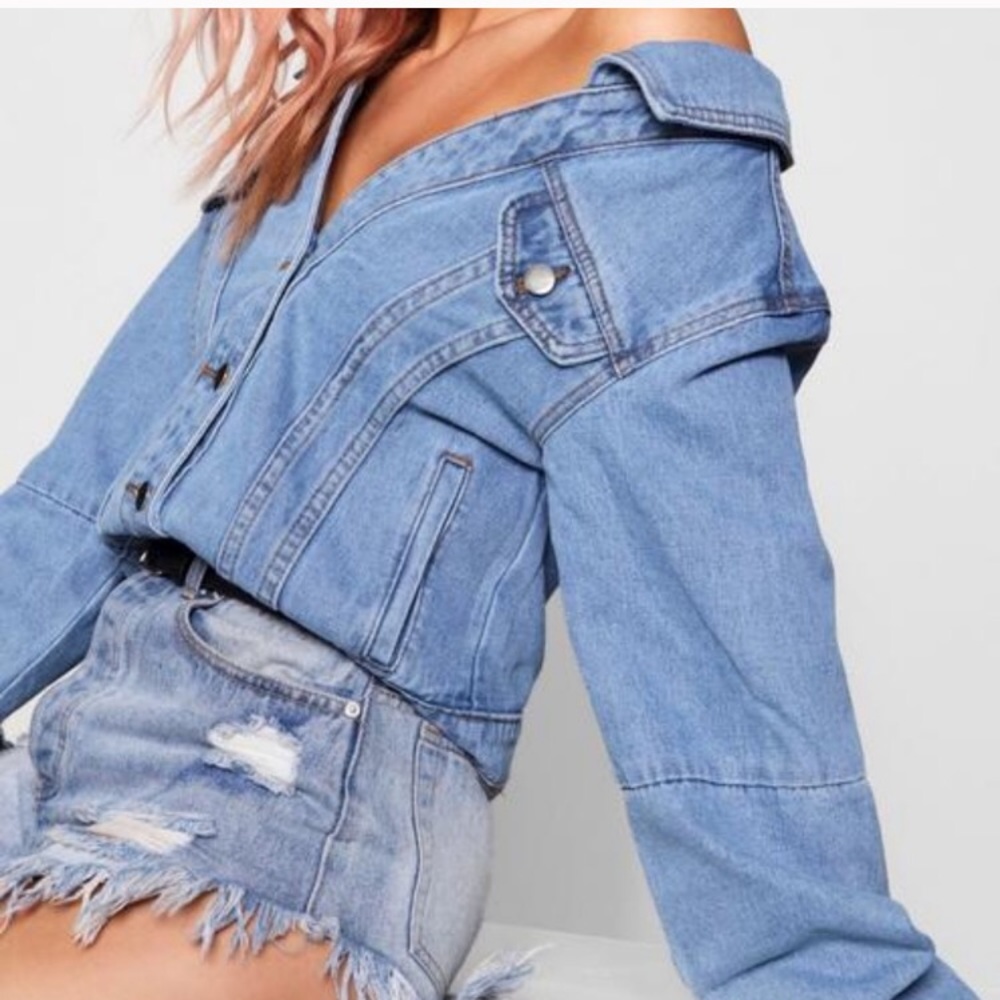 Boohoo off shoulder denim jacket